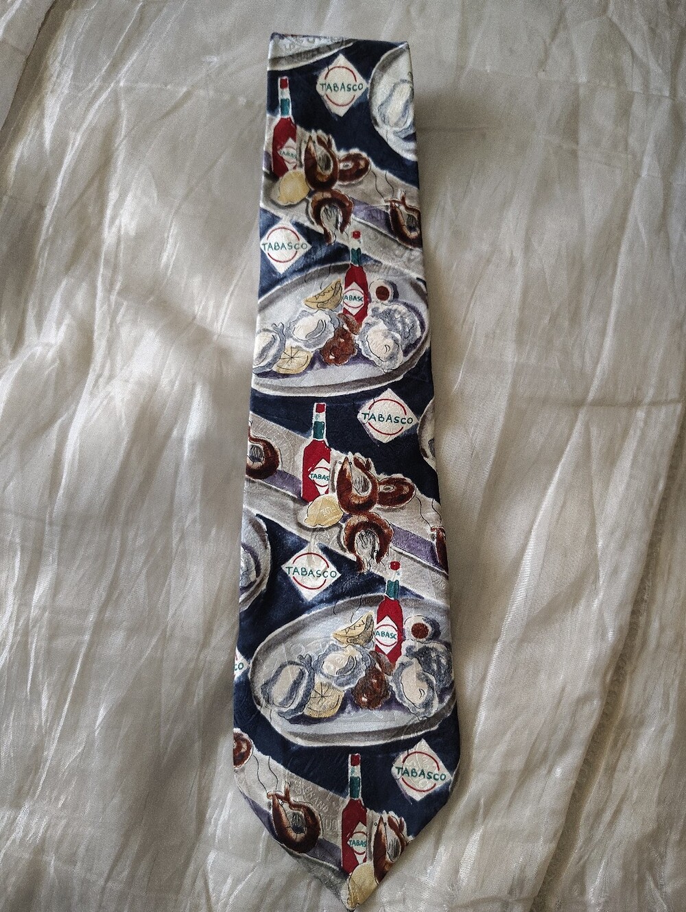 Vintage Tabasco 100% Silk Navy Tie with Oyster & Sauce Bottle Motif Necktie